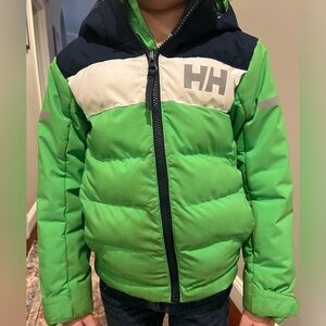 Helly Hansen Lime and Navy Puffer Jacket and ski bib overall pants. Matching set